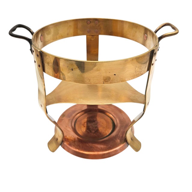 Metal Vintage Hall #48 Buffet Server – Brass and Copper Stand With White Ceramic Crock and Burner For Sale - Image 7 of 14