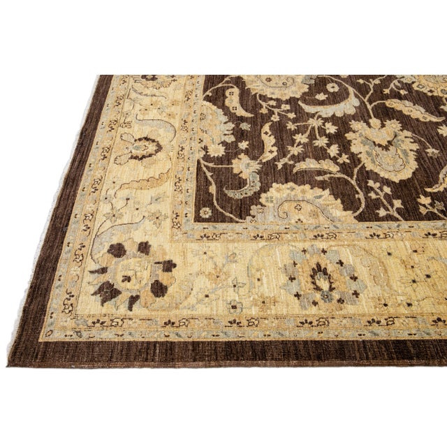 Modern Peshawar Handmade Palmettes Motif Brown Wool Rug For Sale - Image 4 of 9