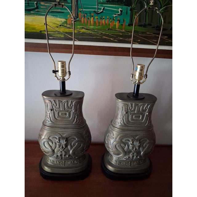 Chinese 1980s Archaistic Pair of Brass Chinese Hu Vessel Urn Table Lamps - a Pair For Sale - Image 3 of 13