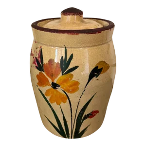 Vintage Hand Painted Stoneware Crock or Jar With Lid