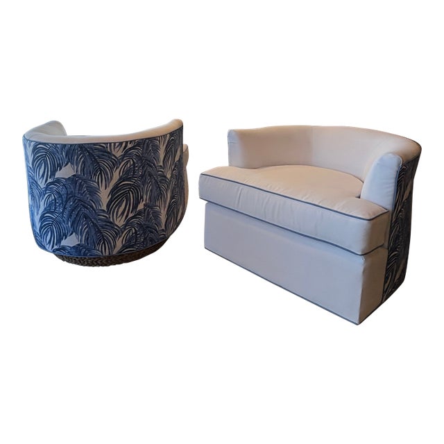 Vintage Pair Swivel Chairs Seagrass Base Blue & White Palm Beach New Upholstery For Sale