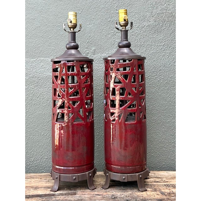 Vintage Glazed Ceramic Table Lamps - A Pair For Sale - Image 10 of 12