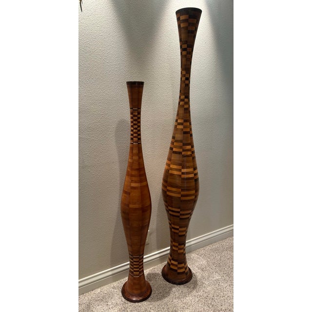 Wood Pair of Handcrafted Segmented Hardwood Floor Vases For Sale - Image 7 of 7