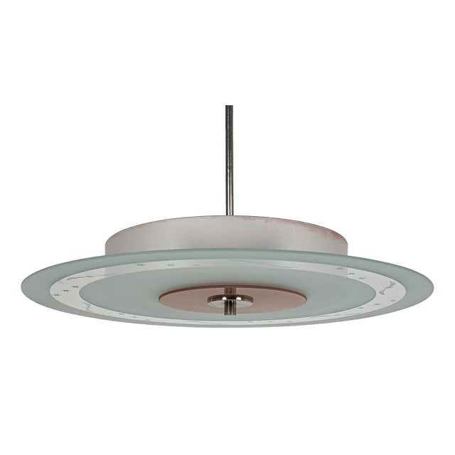 Swedish Modern Ceiling Lamp in Etched Star-Decorated Glass and Chrome, 1940s For Sale