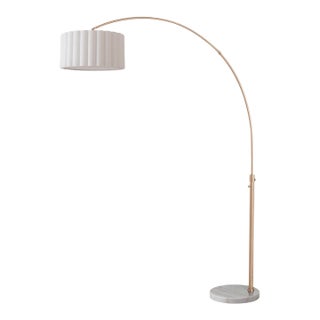 1960s Scallop 92" Arc Floor Lamp, Weathered Brass, White Marble Base, Linen Drum Shade, Modern Design For Sale