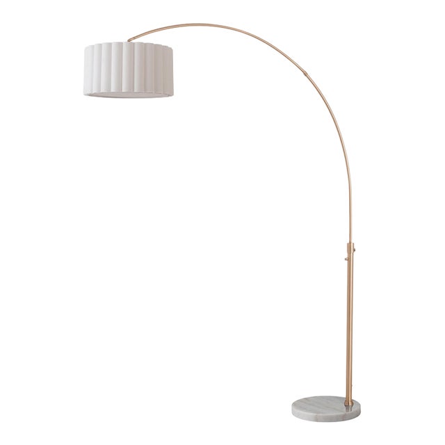 1960s Scallop 92" Arc Floor Lamp, Weathered Brass, White Marble Base, Linen Drum Shade, Modern Design For Sale