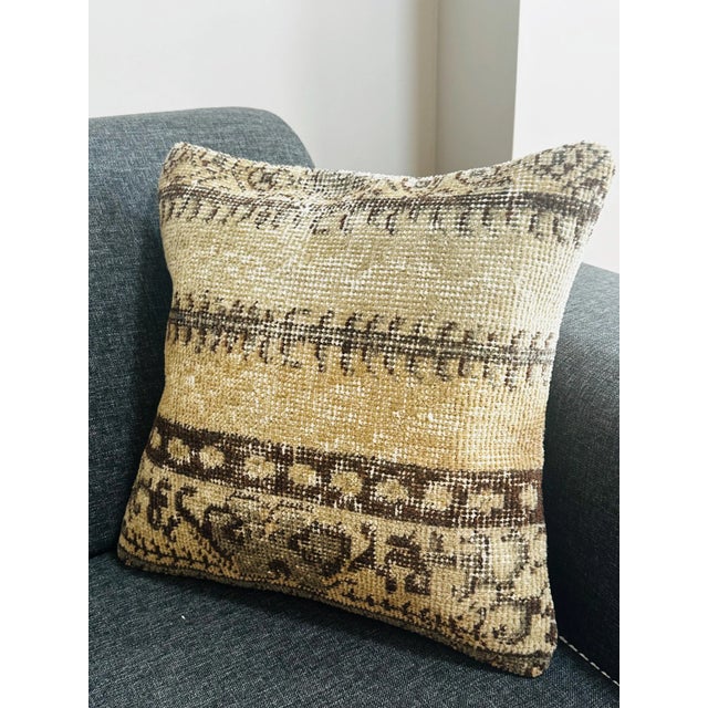 Boho Chic Vintage Turkish Isparta Rug Pillow Cover 16x16 – Geometric Wool Cushion Earthy Tones For Sale - Image 3 of 12