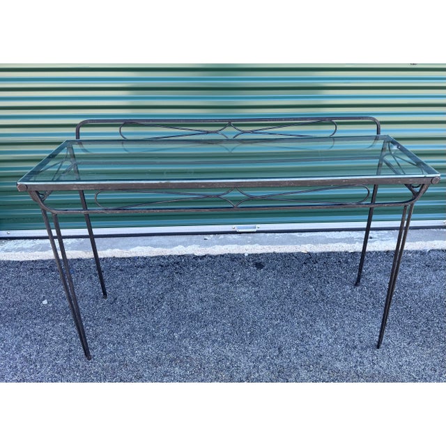 Metal Vintage 1950s Wrought Iron & Glass Top Console Table For Sale - Image 7 of 11