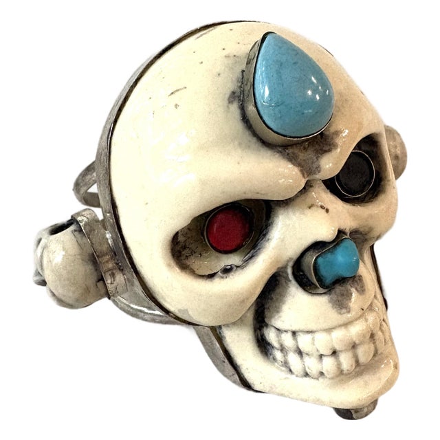 Vintage Silver and Resin Skull Cuff Bracelet For Sale