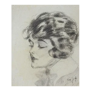 Vintage 1920's Charcoal Portrait Drawing of Woman