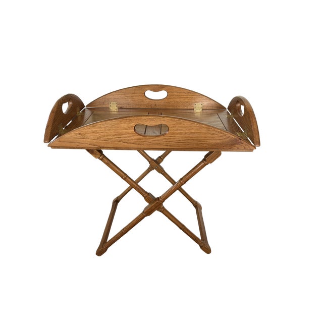 Wood Vintage English Campaign-Style Butler’s Tray Table – Folding Faux Bamboo Base, Adjustable Height, Removable Serving Tray in Oak For Sale - Image 7 of 10