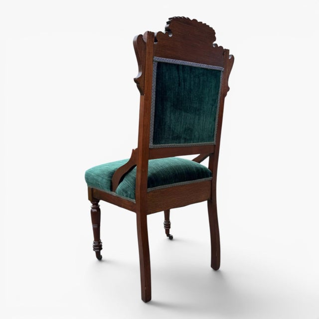 Antique 1880s Eastlake Chairs • Carved Victorian Pair • Green Velvet Upholstery For Sale - Image 4 of 12