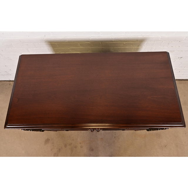 Johnson Furniture English Tudor Carved Burled Walnut Dresser or Chest of Drawers, Newly Refinished For Sale - Image 12 of 15