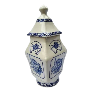 Late 20th Century Delft Style Blue and White Floral Lidded Vase