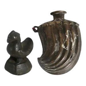 19th Century Burmese Patinated Bronze Bird Form Opium Weight and Indian Flask Bottle-Set of 2