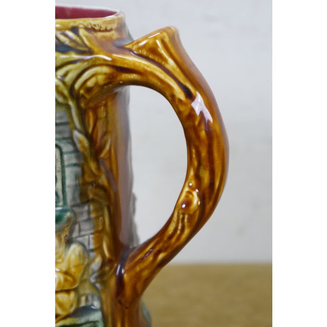 Antique Onnaing Majolica 714 Castle Courtyard Tavern Green Man Jug Pitcher 9" For Sale - Image 13 of 17