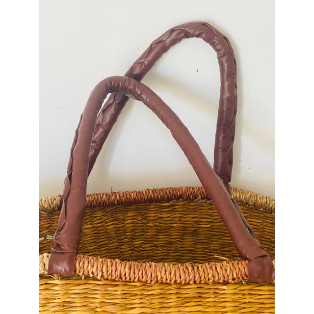 French Country French Country Antique Woven Basket With Leather Handles For Sale - Image 3 of 3