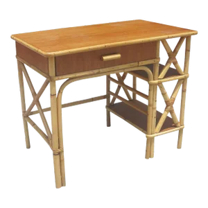 1950s Restored Rattan and Mahogany Writing Desk with Side Shelf
