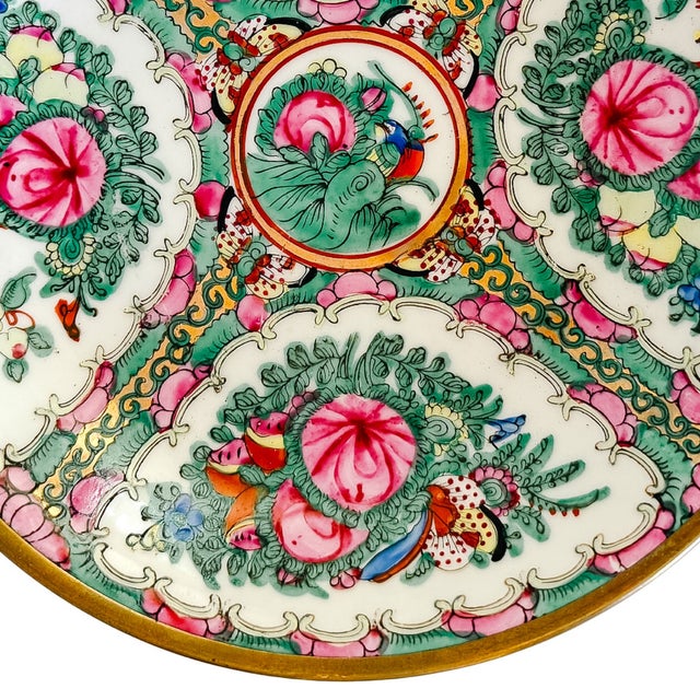 Beautiful Japanese porcelain shallow bowl encased in brass and hand-decorated in Hong Kong with the ever popular Rose...