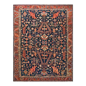 Antique Tribal Geometric Design Blue Background Persian Heriz Serapi Carpet