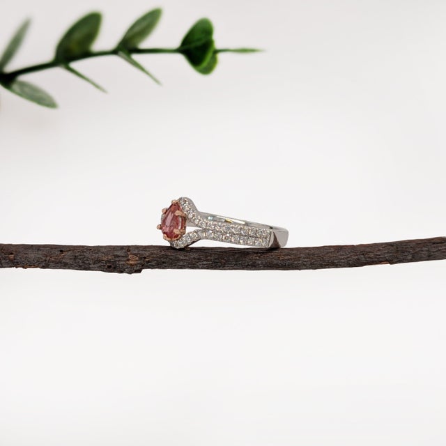 Ceylon Padparadscha Sapphire Ring With Natural Diamond Accents in Solid 14k Gold, Size 6.75 For Sale - Image 4 of 6