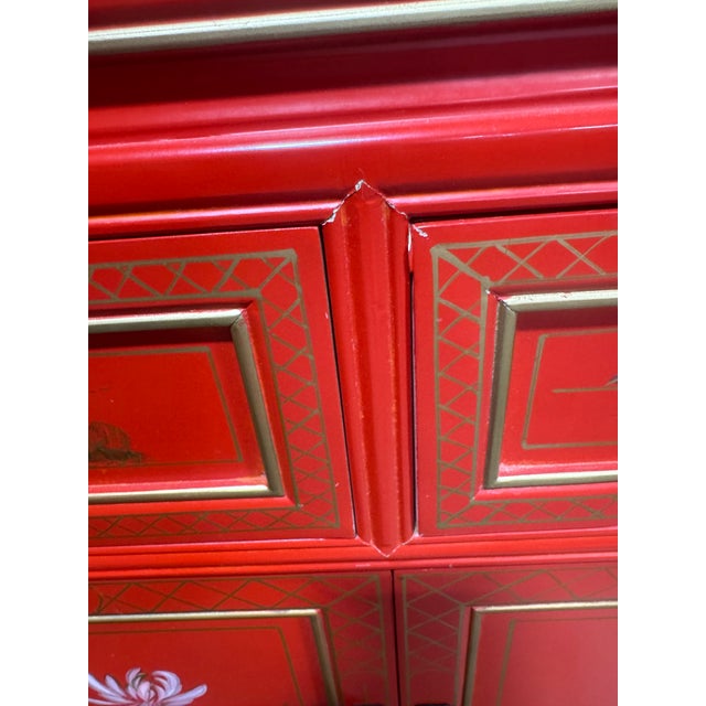 Red Hand Painted Red Lacquered Chinoiserie Cabinet For Sale - Image 8 of 12