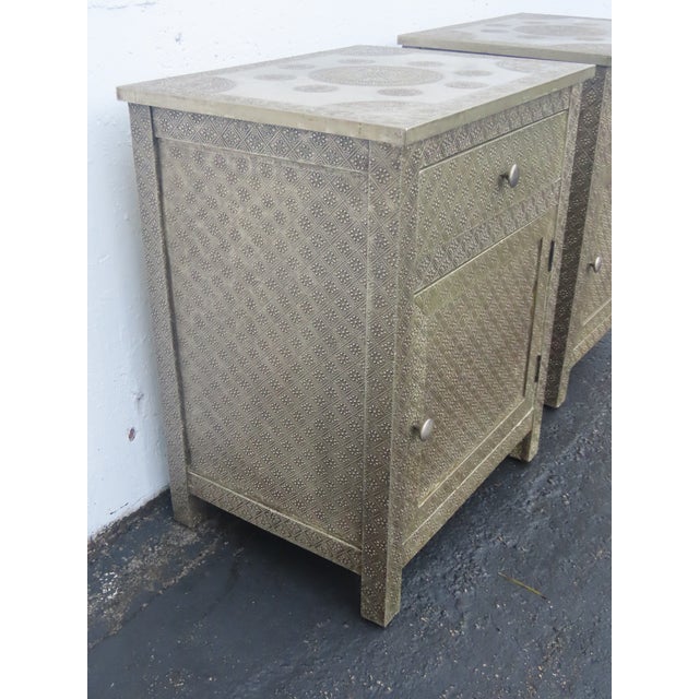 Silver Embossed Metal Overlay End Tables Nightstands a Pair 6674 For Sale - Image 8 of 18