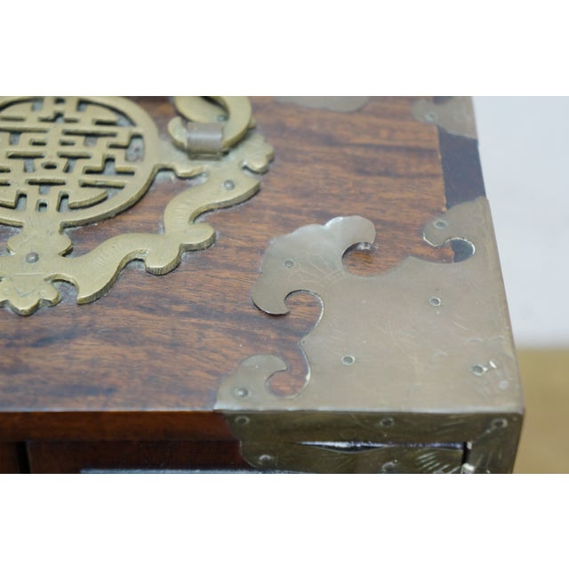 Brown Mid 20th Century Chinese Rosewood & Brass Inlaid Locking Jewelry Box Tansu Cabinet 12" For Sale - Image 8 of 18