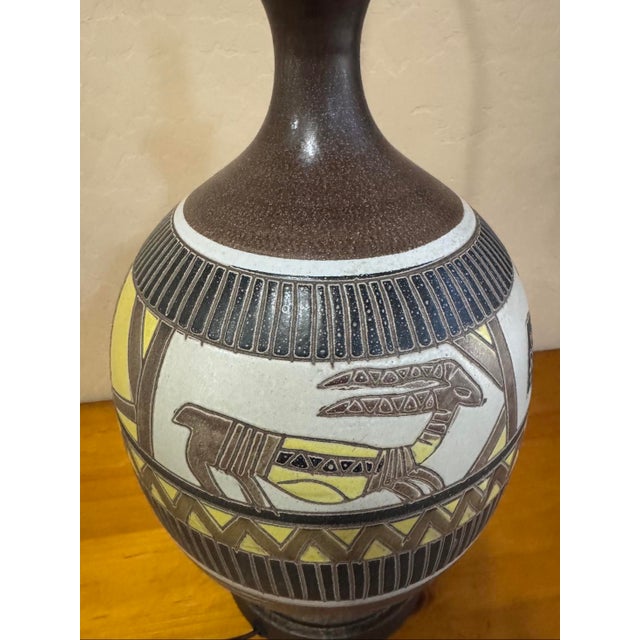 Mid 20th Century Sgraffito Pottery Lamp Folk Art Style Birds Antelope For Sale - Image 4 of 12