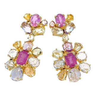 Bochic “Capri” Vintage Ruby & Rose Cut Sapphire Earrings IN 18K Gold & Silver For Sale