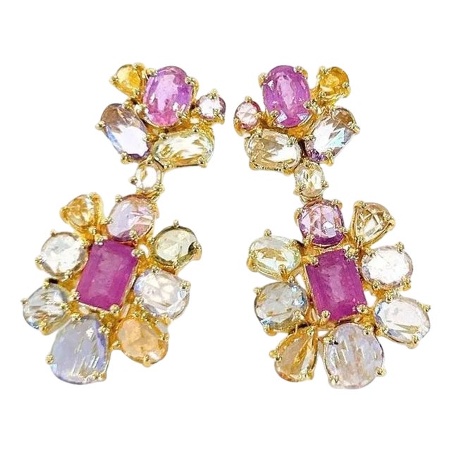 Bochic “Capri” Vintage Ruby & Rose Cut Sapphire Earrings IN 18K Gold & Silver For Sale