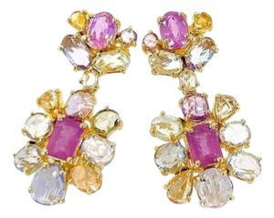 Bochic “Capri” Vintage Ruby & Rose Cut Sapphire Earrings IN 18K Gold & Silver