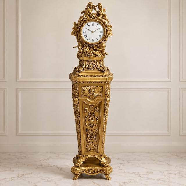 Make a magnificent statement with this grand French-inspired pedestal clock, featuring a rich gold leaf finish...