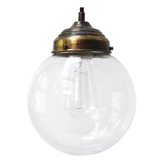 Vintage Clear Glass Pendant Light with Brass Top For Sale
