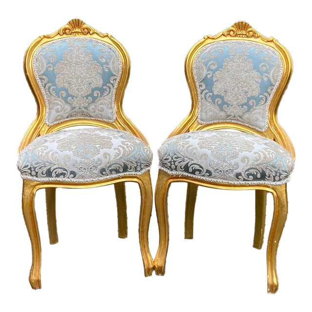 Pair of Vintage 1950s French Louis XVI Side Chairs – Gilded Beechwood & Elegant Damask Upholstery For Sale