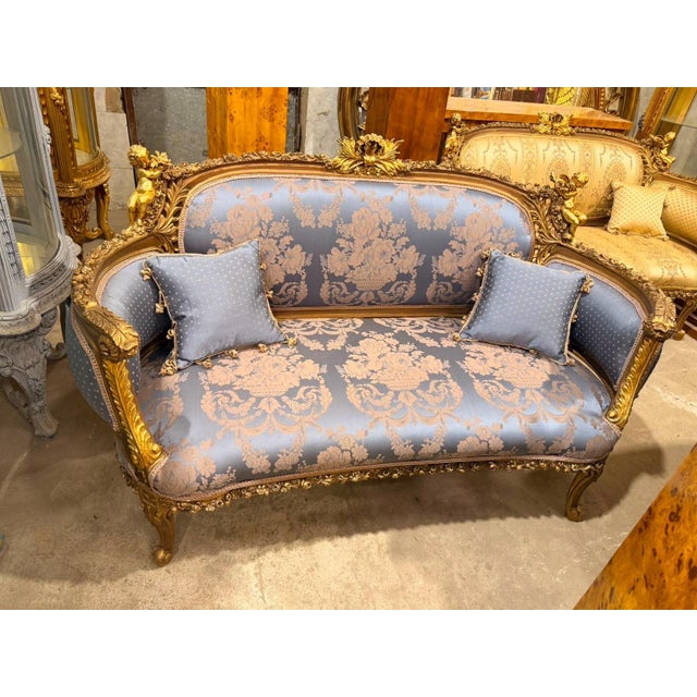 Gold Vintage Cherub Rococo Sette upholstery Blue Damask Canapa For Sale - Image 8 of 9