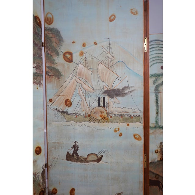 Wood Folk Art Hand Painted Pine 4 Section Folding Screen For Sale - Image 7 of 10