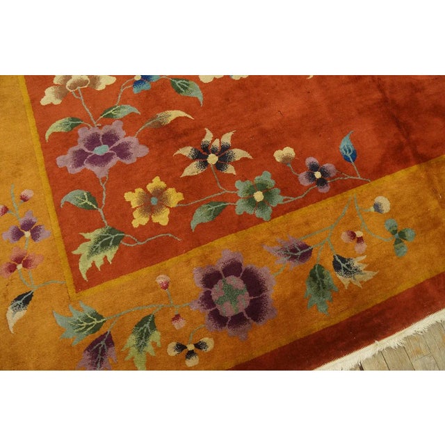 1920s Orange Pumpkin Floral Antique Chinese Art Deco Carpet 9' X 11' 6" Knotted Wool Rug For Sale - Image 9 of 12