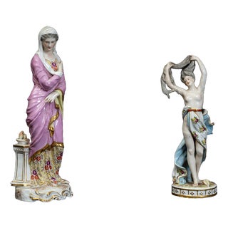 Polychrome Porcelain Sculptures Depicting Female Figures from Meissen, Late 19th Century, Set of 2 For Sale