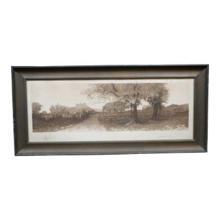 Antique Ernest Christian Rost Signed Dirt Road Farmhouse Cottage Etching 28" For Sale