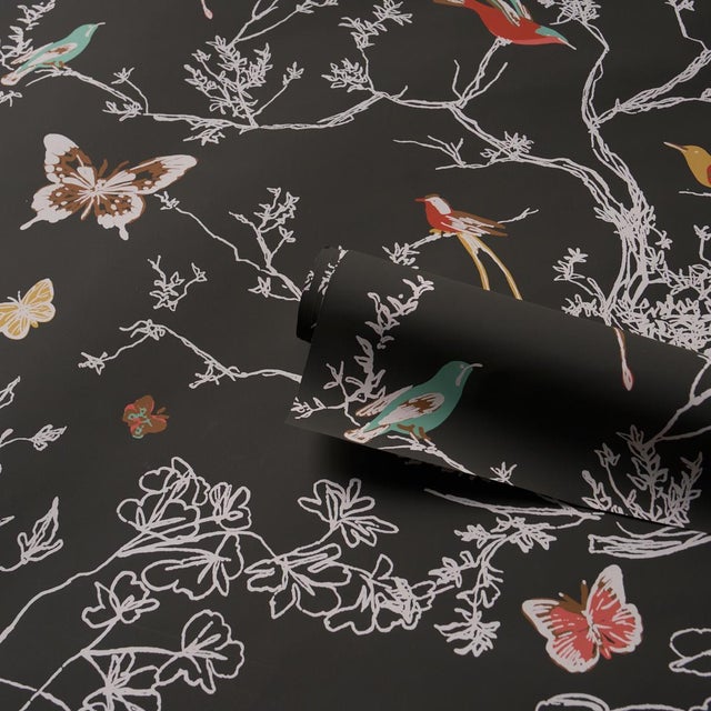 Schumacher Schumacher Birds & Butterflies Wallcovering In Graphite For Sale - Image 4 of 6