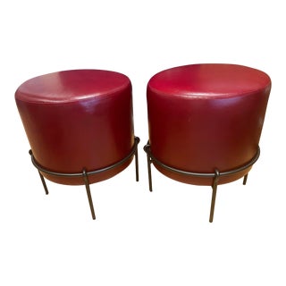 Modern Red Leather Ottomans - a Pair For Sale