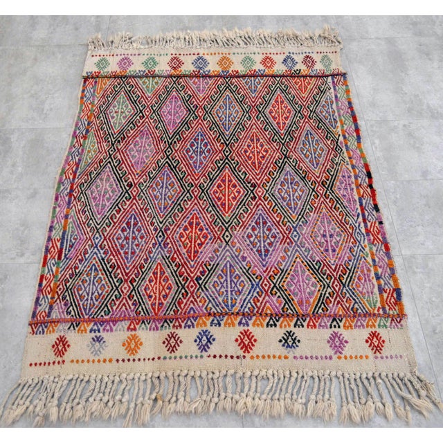 1960s Vintage Hand Woven Kilim Rug. Turkish Jajim Wool Kilim Sofreh Deco Rug Embroidered - 3′5″ X 4′5″ For Sale - Image 5 of 12