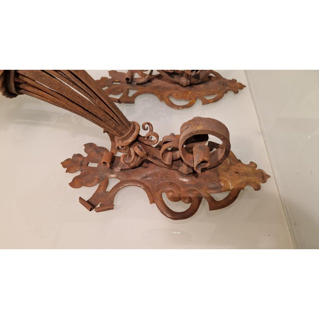 Large Wrought Iron Wall Lamps with Floral Motifs, 1920s, Set of 2 For Sale - Image 9 of 12