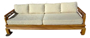 Vintage Baker Style Asian / Ming Fretwork Elmwood Wood Couch W/ White Embossed Cushions