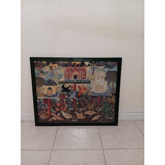 Folk Art 1990s Framed Folk Art Print Titled Bird Tables by British Artist Anna Pugh For Sale - Image 3 of 6