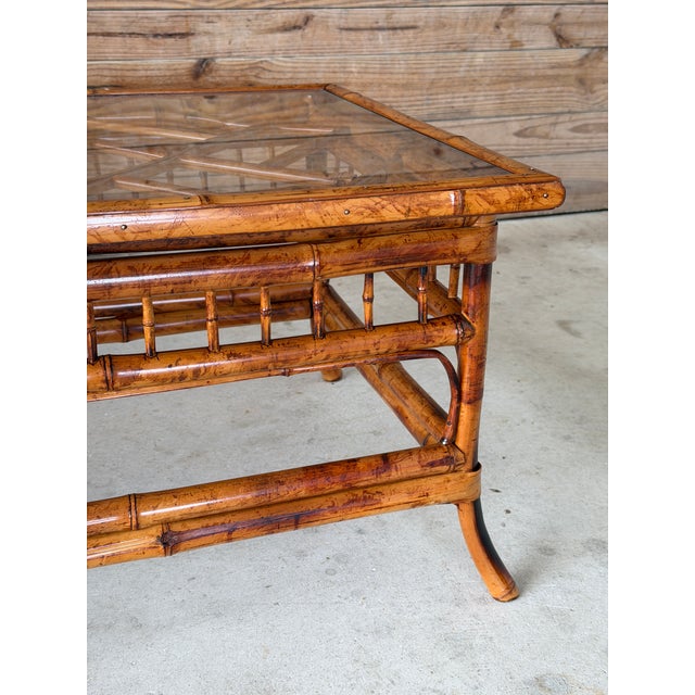 Wood Vintage Brighton Pavilion Scorched Bamboo Coffee Table With Glass Top For Sale - Image 7 of 12