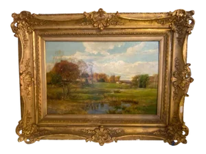 Olive Parker Black Signed Oil on Canvas Autumn Landscape Giltwood Gold Frame