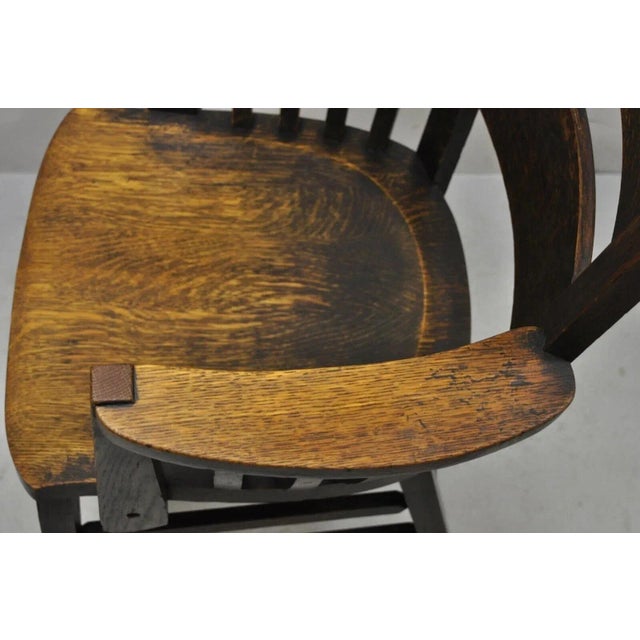Brown Early 20th Century Antique Arts & Crafts Mission Oak Bowed Spindle Plank Seat School Arm Chair For Sale - Image 8 of 12