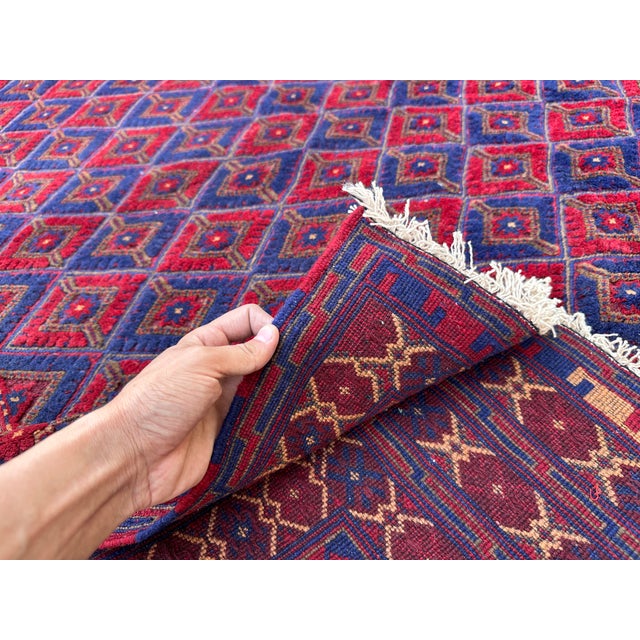 Mushwani Red and Blue Andkhoy Hand-Knotted Wool Rug - 6'4" X 9'11" For Sale - Image 11 of 11